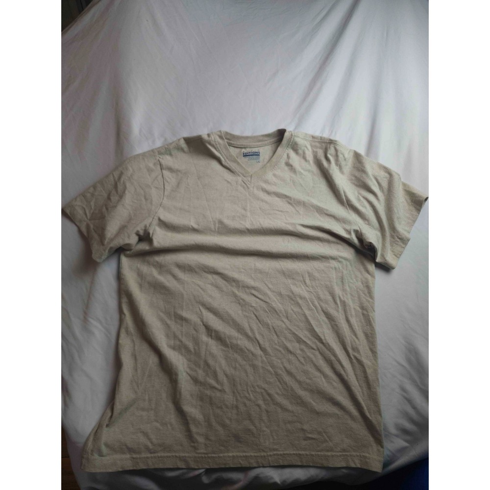 Basic Editions Shirt Mens Large Beige Short Sleeve V-Neck‎ Tagless Minimalist